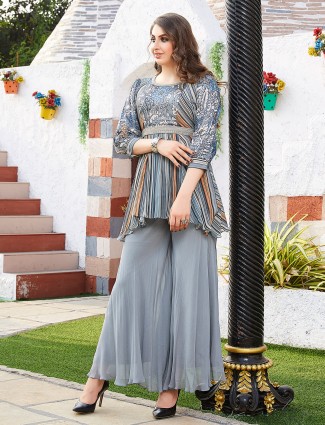 Printed grey georgette palazzo suit