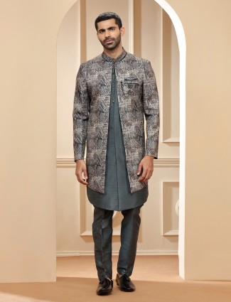 Latest grey raw silk indowestern