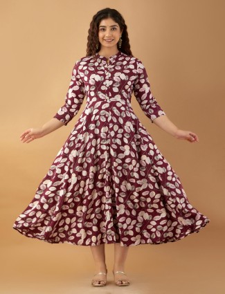 Maroon cotton printed long kurti