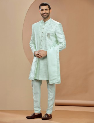 Trendy mint green terry rayon indowestern