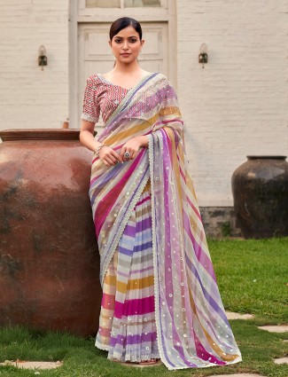 Chic multi color organza festive Saree