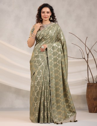 Olive zari work dola silk saree