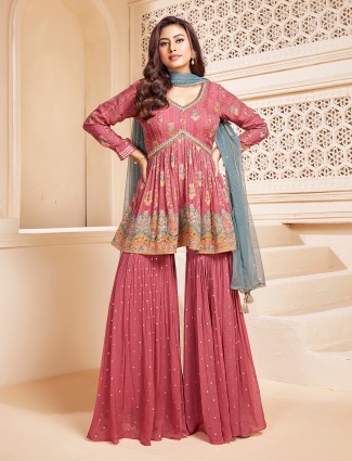 Onion pink printed georgette sharara suit