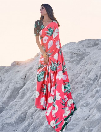 Peach satin saree for festive occasions