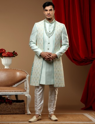 Pista green cotton silk wedding indowestern for men