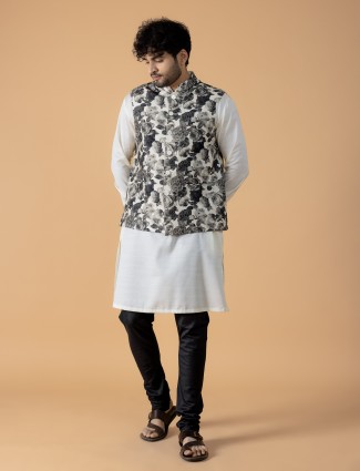 Cotton white printed waistcoat set