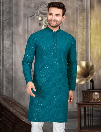 Rama blue embroidery kurta in cotton