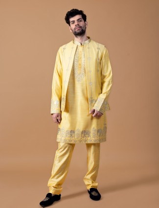 Newest raw silk yellow waistcoat set