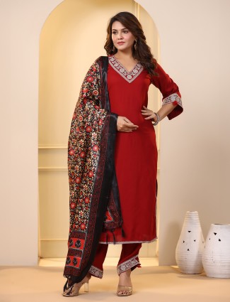 Trendy red plain silk kurti set