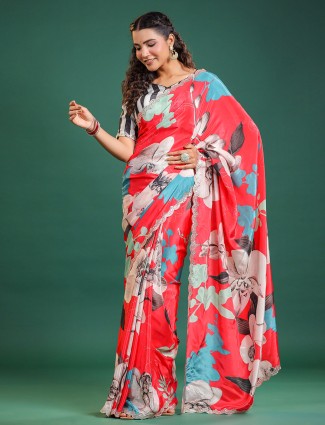 Muslin silk red printed saree