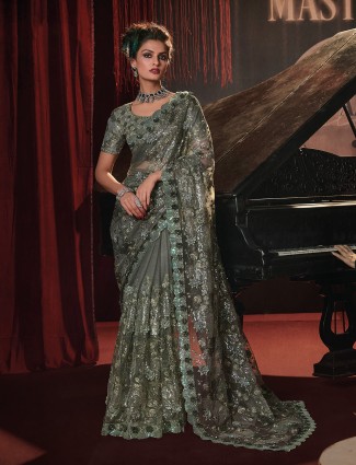 Sage green net saree