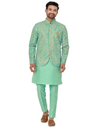 Latest printed sea green silk indowestern