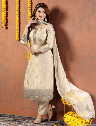 Festive beige silk salwar suit