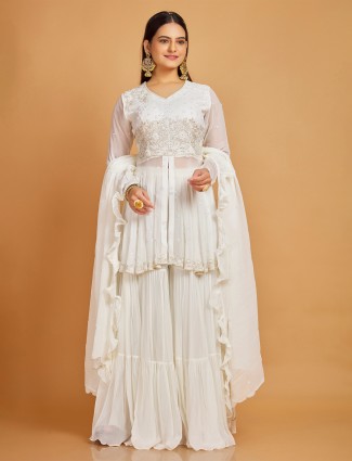 Georgette white sharara suit with dupatta