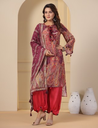 Trendy wine silk printed kurti set