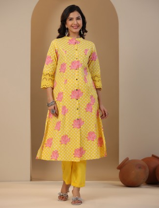 Cotton yellow floral printed kurti