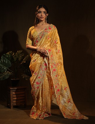 Amazing yellow tissue silk saree