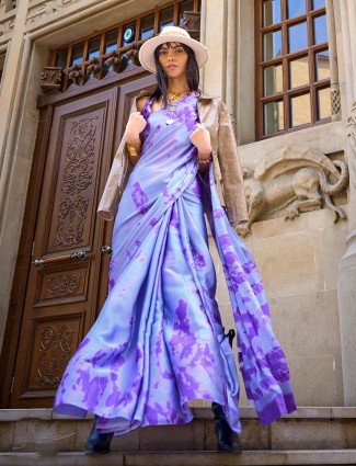 Lavender digital printed satin crepe saree