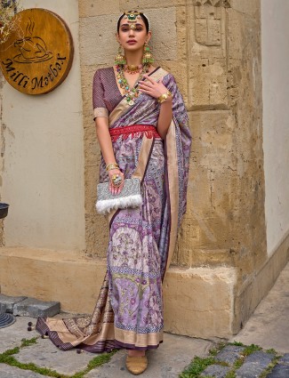 Printed silk lavender saree