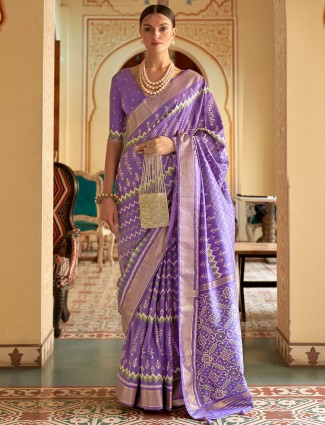 Wedding wear silk printed lavender saree