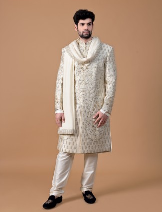 Lavish cream raw silk sherwani