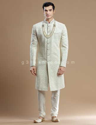 Charming Cream Georgette Groom Sherwani