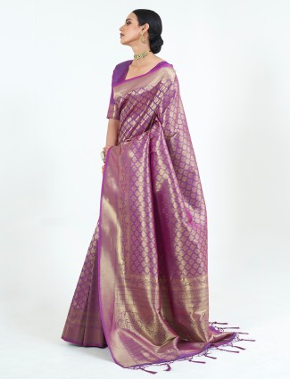 Kanjivaram silk violet designer wedding saree lavish style