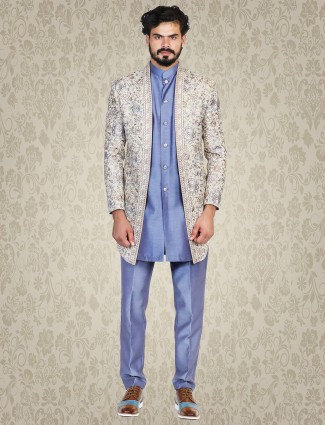 Silk light blue and cream indowestern