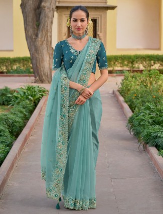 Light blue tissue organza silk saree