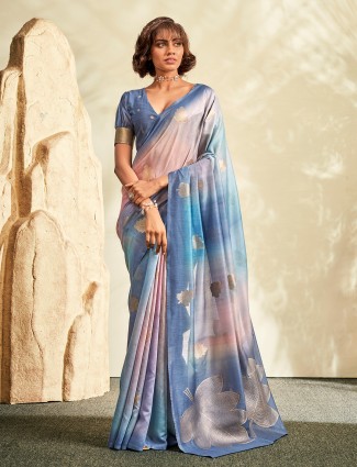 Khadi silk light blue shaded saree