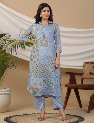 Light blue floral printed kurti with pant in silk