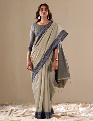 Plain light grey cotton saree