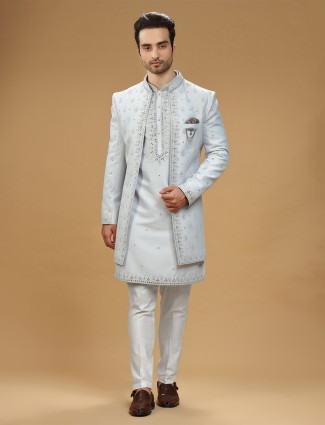 Light grey embroidery silk indowestern