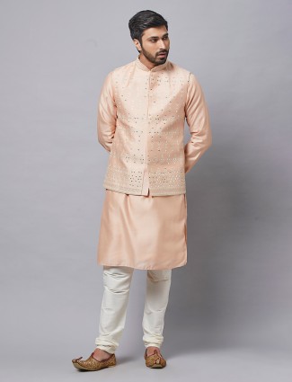 Men Raw Silk Waistcoat Set in Light Peach