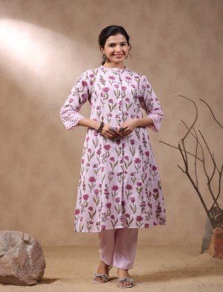 Light pink cotton floral printed kurti