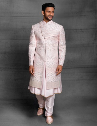 Wedding look light pink sherwani in silk