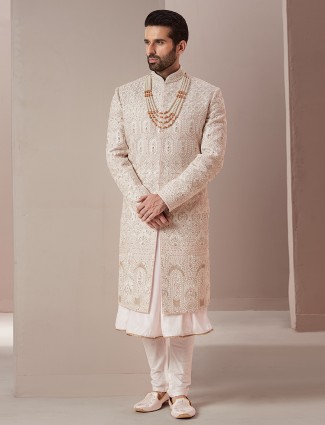 Stunning light pink raw silk groom sherwani