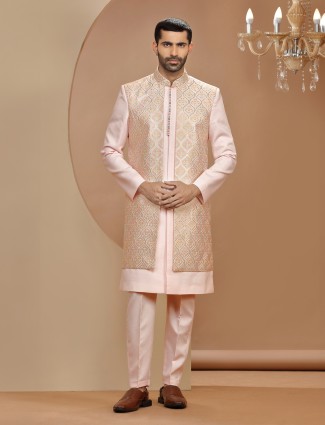 Light pink embroidery indowestern in silk