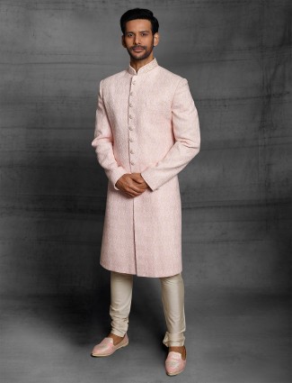 Designer light pink silk wedding wear sherwani