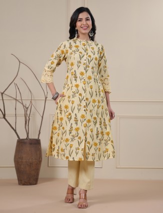 Floral printed light yellow cotton kurti