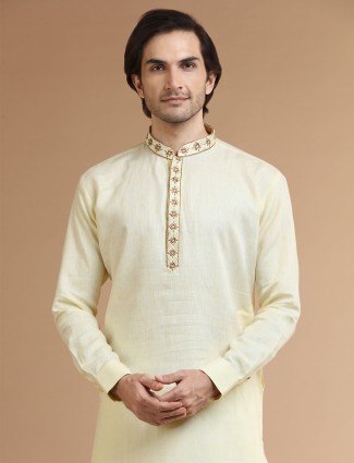 Light yellow plain linen kurta suit