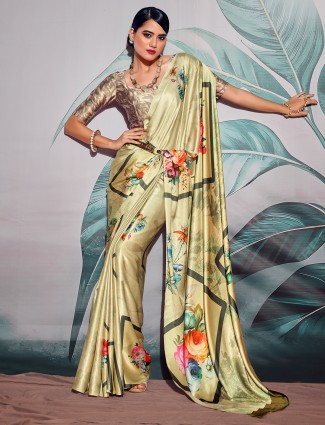 Light yellow satin crepe printed saree