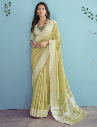 Trendy lime green linen saree