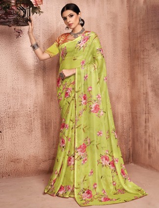 Floral printed lime green viscose saree