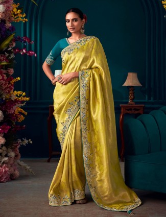 Banarasi silk lime yellow saree