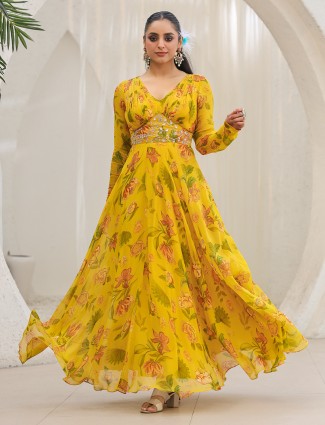 Lime yellow printed floor length suit