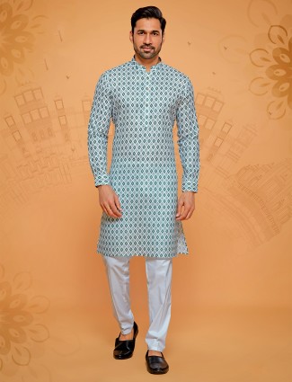 White and green linen cotton kurta suit