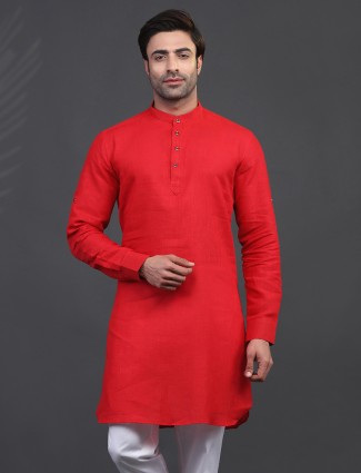 Red linen kurta for men