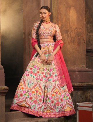 Linen satin off white wedding lehenga choli