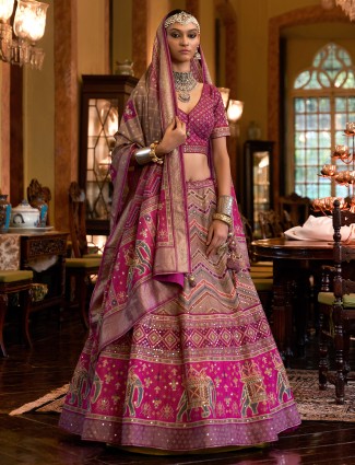 Magenta and grey silk lehenga choli